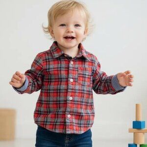 Oshkosh Flannel Red Gray Plaid Button-Down Shirt 18 Months